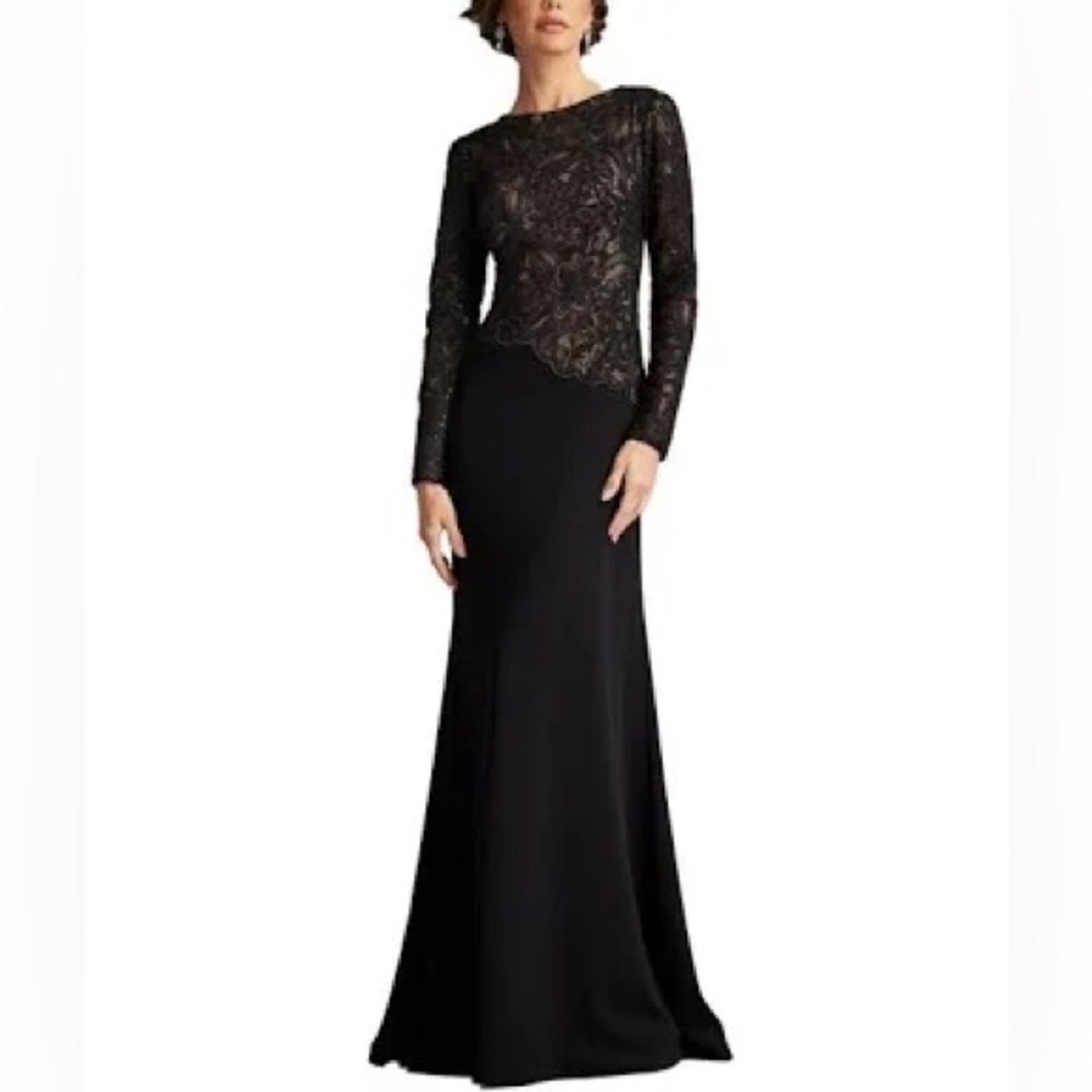 Tadashi Shoji Black Long Sleeve Embroidered Pinkish Sequin Gown Size 2 New